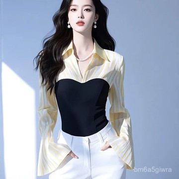 假兩件 黃色 條紋 雪紡 襯衫 早春 高級感 法式 收腰 喇叭袖 顯瘦 修身 設計感 透氣 舒適 職場穿搭 通勤