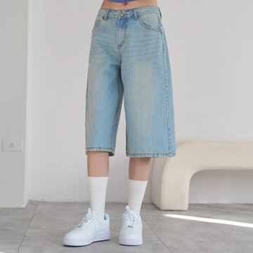 【ERSS】 女裝 五分褲 牛仔褲 牛仔五分褲 直筒褲 寬直筒 復古 破洞 漂淺藍【S20139】