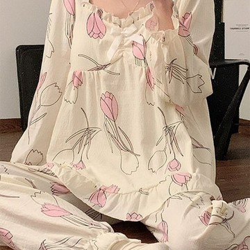 睡衣 帶胸墊 可外穿 休閒風  甜美少女 學生睡衣 性感甜美睡衣 甜美可愛舒適睡衣 長袖長褲 兩件套 睡衣套裝