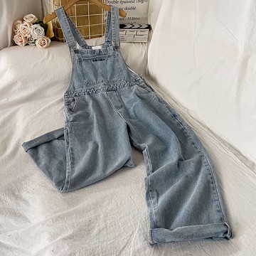 寬松背帶牛仔褲女新款秋冬季設計感小眾ins潮高街闊腿褲子