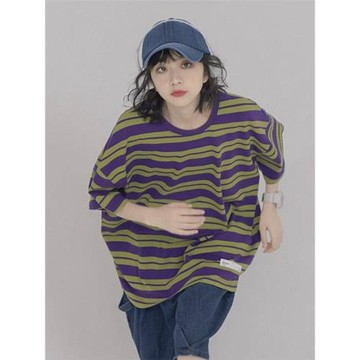 稚成人ONLINE 日系小標原創紫色條紋短袖T恤女夏季休閑中性上衣
