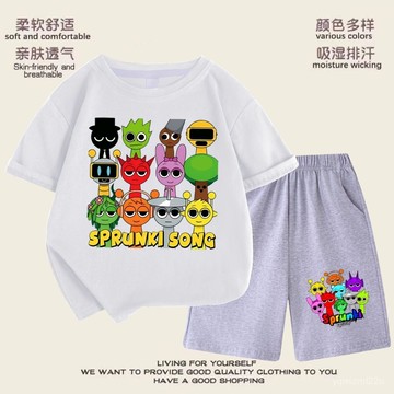 臺灣出貨 節奏盒子衣服 兒童衣服 兩件裝Sprunki衣服 音樂男女童夏季酷寬鬆短袖短褲套裝 兒童上衣 兒童短袖 N5X