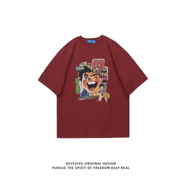 KKyesiou日系復古二次元熱血卡通純棉短袖T恤男女美式休閑上衣夏