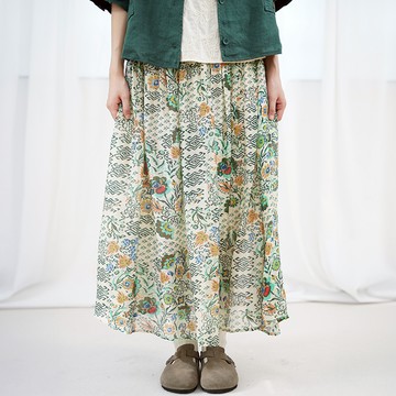 鬆緊腰印花天絲長裙子011237