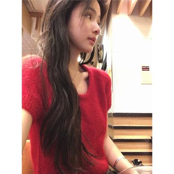 by1171暖奢小皮草短袖毛衣阿爾巴卡羊駝毛毛茸茸新年紅色上衣女