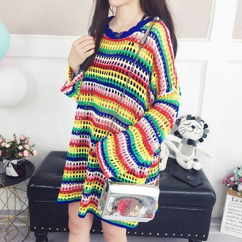 透かし編み ニット 長袖 チュニック丈 カラフル ボーダー柄 ゆったり トップス ダンス 衣装 韓国 ヒップホップ レディース 通販 Lineポイント最大0 5 Get Lineショッピング