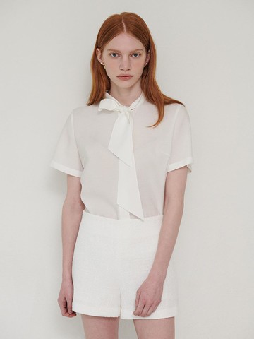 EJnolee Flame Short-Sleeved Ribbon Tie Blouse [White]