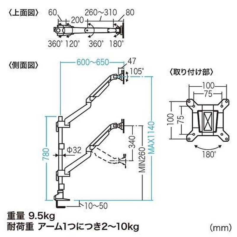 サンワサプライ 水平垂直多関節液晶モニターアーム 上下2面・ホワイト