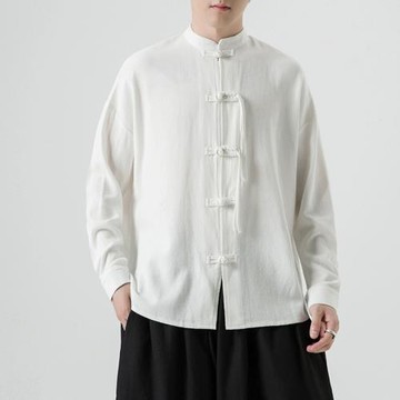 新中式秋季國風亞麻盤扣長袖襯衫男外套式唐裝高級感寬松襯衣男裝
