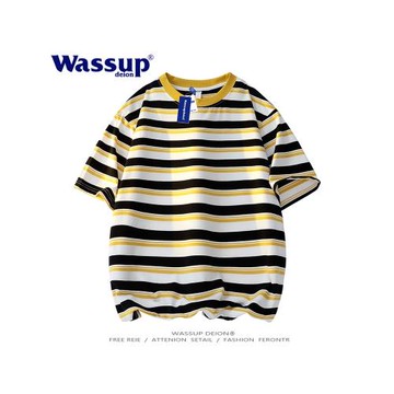 wassupdeion美式學院風純棉條紋短袖T恤夏季男女同款慵懶潮流半袖