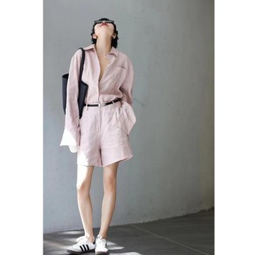 (免運)慵懶隨性風亞麻襯衫套裝女夏季2025度假老錢寬松防曬衣短褲兩件套