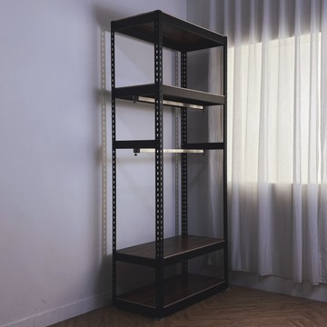 【空間特工】雙桿角鋼衣架【台灣製造】收納衣櫃 置物架 四層衣架 簡易衣櫥 衣帽架 開放式衣櫃 衣櫥架黑角鋼+柚木棕貼皮板