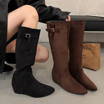膝下靴．百搭素色絨面側釦環楔型尖頭長靴．白鳥麗子