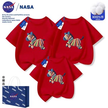 NASA馬年親子裝一家三四口仿刺繡短袖t恤兒童本命年紅色半袖夏季