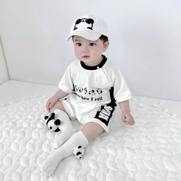 男寶寶撞色熊貓球服新生兒卡通印花短袖爬服夏季嬰童連體哈衣短爬