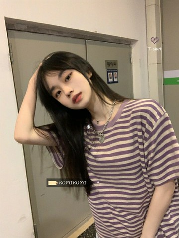 紫色條紋T恤女設計感鹽系顯瘦寬松打底衫2022新款夏季短袖上衣ins