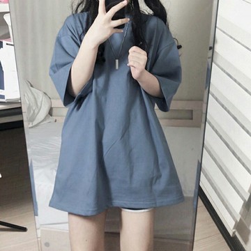 ins超火原宿風T恤女2020韓版寬松霧霾藍中長款半袖體恤純色上衣服