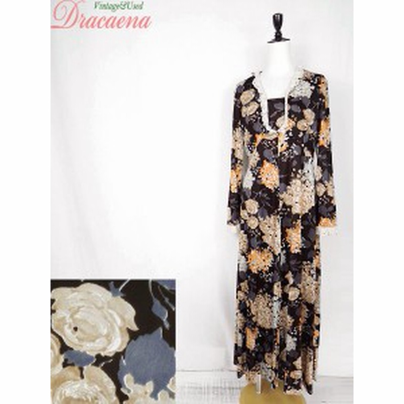 レディースワンピース古着 レトロ Old エレガント フラワー ブラウン ベージュ ポリエステル フリル 長袖 ドレス ロング丈 18lfe24e 通販 Lineポイント最大1 0 Get Lineショッピング