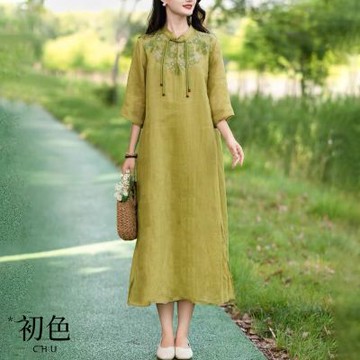 初色 棉麻繡花刺繡立領七分袖短袖連身裙-共4色-33781(M-2XL可選)