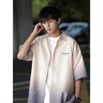 漸變色短袖襯衫男夏季薄款美式高街潮流半袖襯衣寬松大碼學生外套