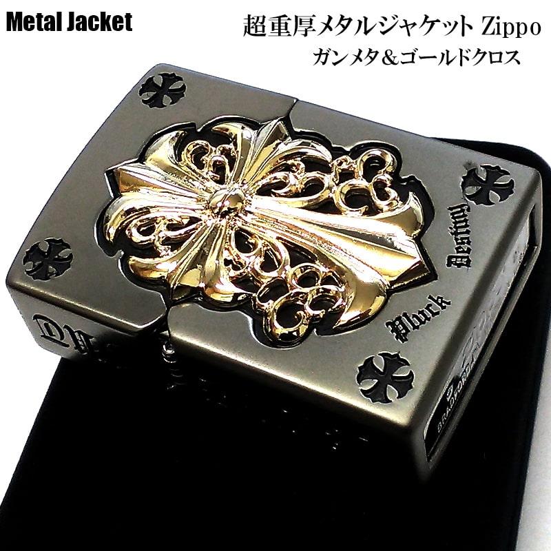 ZIPPO ライター メタルジャケット ジッポ 超重厚 艶消しガンメタブラック ゴールド クロスメタル 黒 金タンク 5面デザイン 彫刻