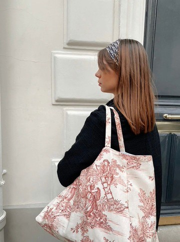 法國古董印花棉質肩背購物包 紅色