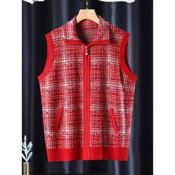 媽媽春裝單馬夾針織外套中老年女裝春秋羊毛馬甲背心坎肩紅內外穿