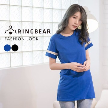 韓版--簡約優雅純色柔棉蕾絲花邊剪接短袖圓領長版上衣(黑.藍XL-5L)-D376眼圈熊中大尺碼