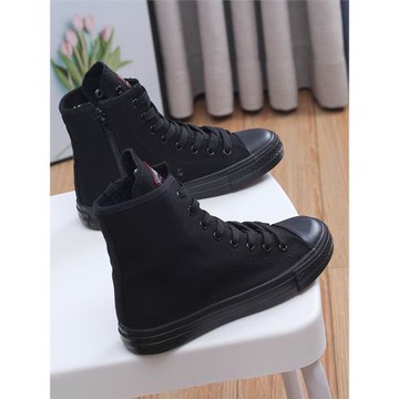 全黑色高幫帆布鞋女2025休閑新款側拉鏈內增高平底板鞋百搭大碼鞋