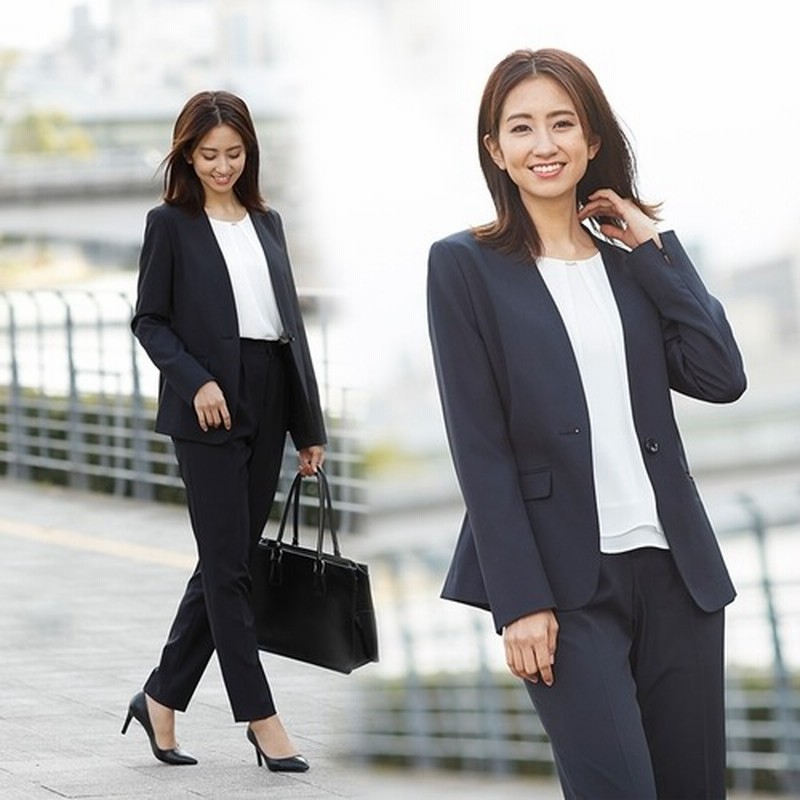 Joyjoymarket レディース 入学式 卒業式 通勤 スーツ パンツスーツ スーツセット レディーススーツ ビジネススーツ リクルートスーツ セットアップ 大きいサイズ フォーマル 洗えるスーツ ノーカラー ジャケット パンツ 2点セット 花粉ガード Uvカット 30代 40代