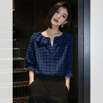 減齡藏藍格紋七分袖襯衫2026夏季新款女復古獨特上衣幹練休閒襯衣098