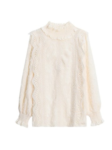 秋冬新款加絨加厚提花雪紡襯衫高領內搭上衣花邊蕾絲打底衫女1入