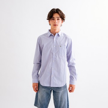 【City Casual】男裝-直條府綢布長袖襯衫-淺藍色