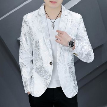 西裝男春季新款時尚印花小西裝潮流青年韓版修身西服外套個性單西