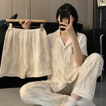 情侶款高級感灰色系純棉睡衣女夏季短袖三件套裝一男一女士家居服