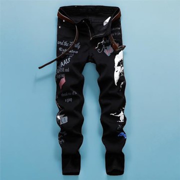 春秋款黑色印花圖案牛仔褲男潮牌修身小腳褲子韓版涂鴉個性休閑褲
