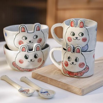 原來是泥卡通兔年一人食陶瓷餐具咖啡杯可愛飯碗喝湯勺子家用情侶