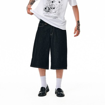 MOKACME 復古街頭百搭baggy七分褲寬松denim單寧牛仔中褲男女情侶