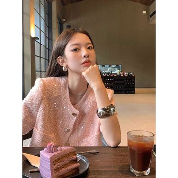 今年流行漂亮高級感韓系上衣名媛風圓領短袖粉色小香風外套女夏季