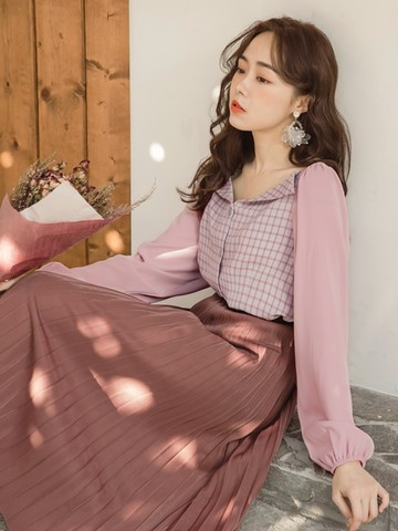 2WAYS造型領排釦格紋拼接拋袖上衣