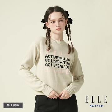 ELLE ACTIVE-男女共款 混紡圓領標誌提花毛衣-卡其 EA24A2F540182
