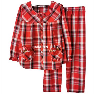 春夏季薄款純棉布女士長袖睡衣套裝中年媽媽紅格子艾貝芬2025大碼