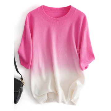 2023夏季新款時尚薄款寬松休閑漸變彩虹針織衫圓領短袖T恤上衣女