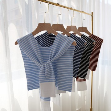 韓風毛線小披肩斗篷外搭條紋溫柔夏季配裙子短款針織打結搭肩圍巾1入