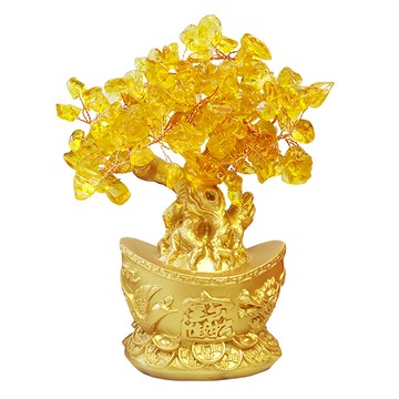 財神小舖 黃水晶發財樹 約13cm高 招財進寶 聚寶盆 風水擺件  黃金色  1個