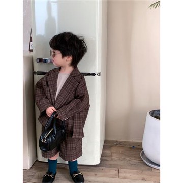 暮晨家新款春秋2025男童棉麻格子西裝女寶寶森系復古短褲兩件套裝