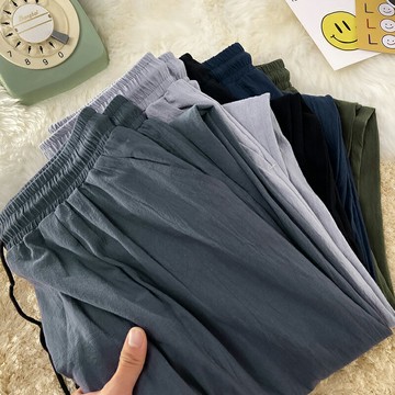 亞麻褲子男春夏季港風闊腿寬松休閑褲薄款新款百搭九分直筒褲