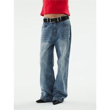 FUNKYFUN噴馬騮洗水做舊直筒褲經典藍牛仔褲長褲百搭休閑時髦仔褲