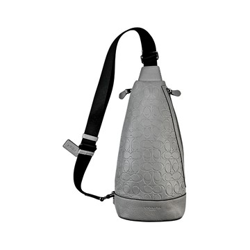 COACH霧灰色C LOGO浮雕 PVC拼接皮革直式單肩胸背斜後背男包