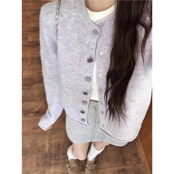 紫色毛衣開衫女冬季圓領氣質寬松軟糯糯針織開衫外套長袖上衣秋冬